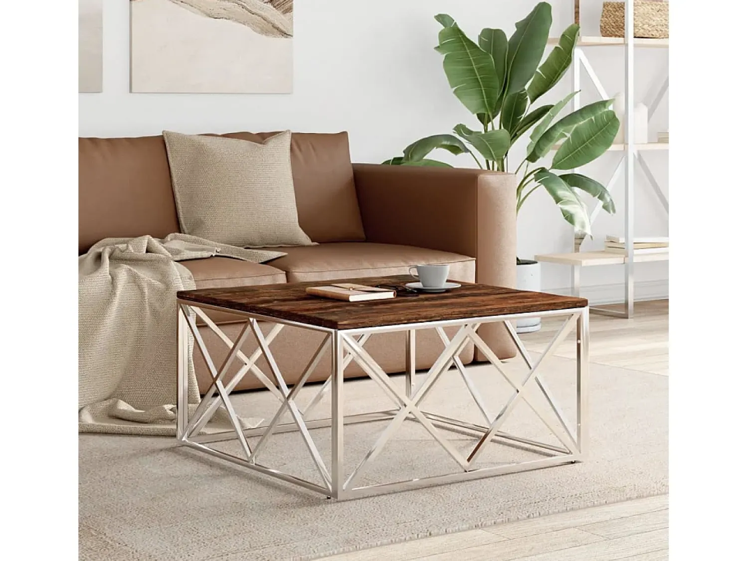 Mesa De Centro| Mesa de centro | Mesa de apoio | Mesa de café aço inoxidável e madeira recuperada maciça Prateado