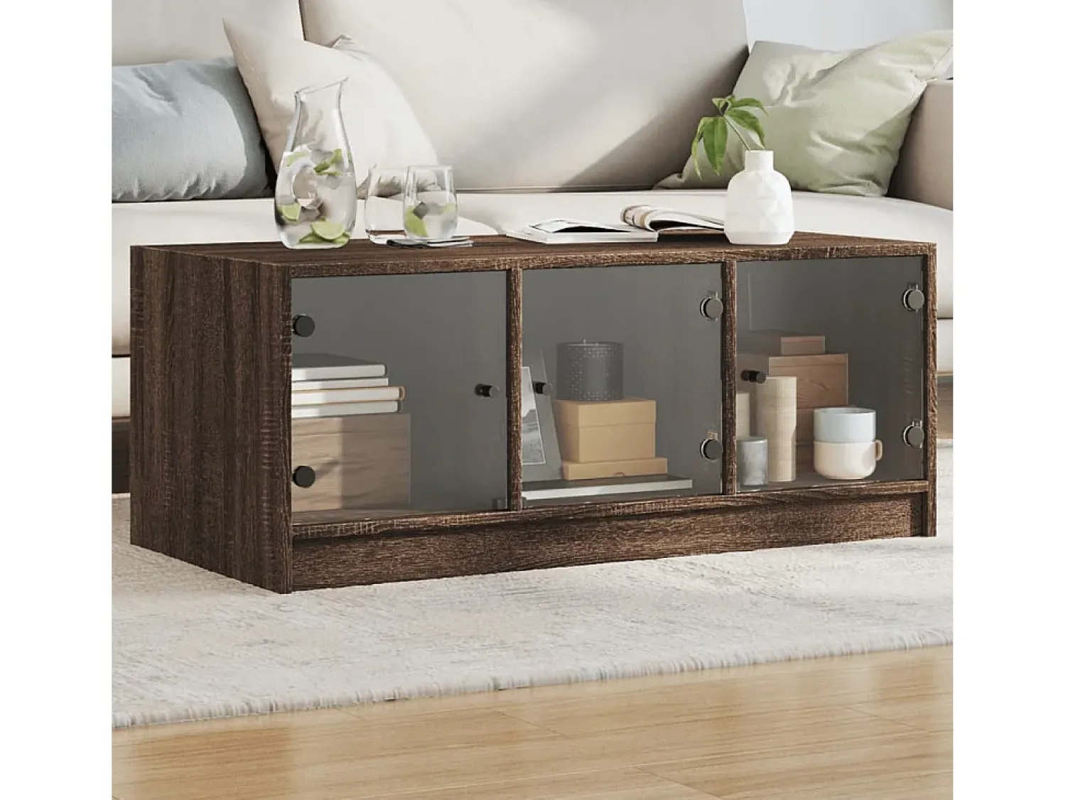 Mesa De Centro| Mesa de centro | Mesa de apoio | Mesa de café c/ portas de vidro 102x50x42cm carvalho Castanho
