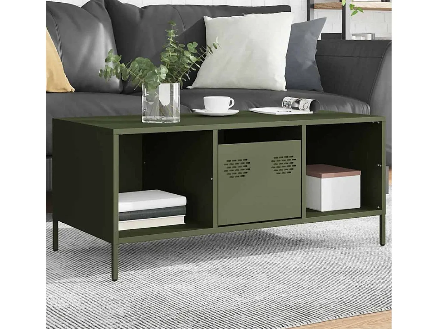 Mesa de centro | Mesa de apoio 101.5x50x43.5 cm aço laminado a frio -azeitona^ Mesa De Centro