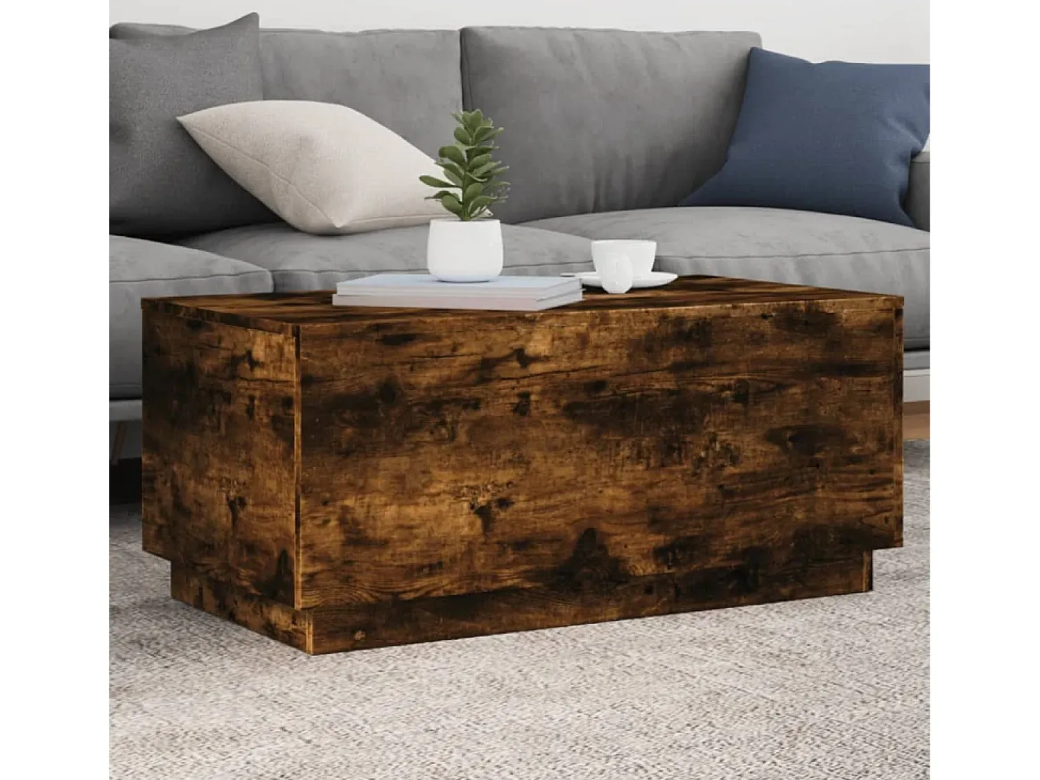 Mesa De Centro* Mesa de centro | Mesa de apoio com luzes LED 90x50x40 cm carvalho fumado Castanho