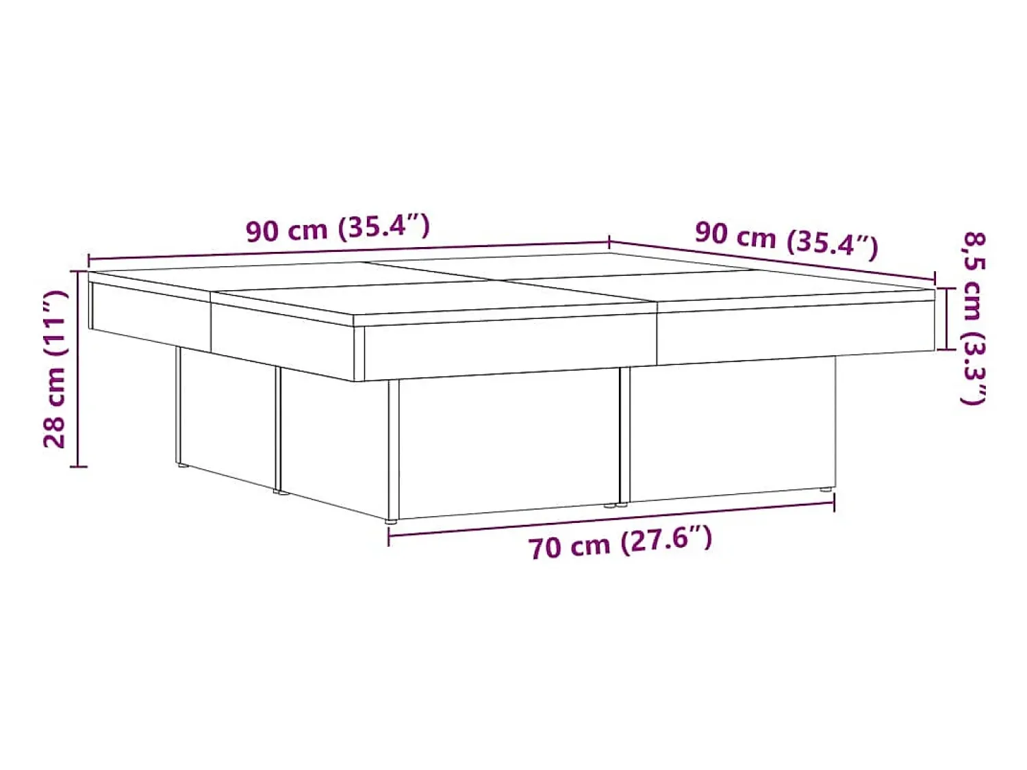 Hot Mesa de centro | Mesa de apoio 90x90x28 cm derivados madeira carvalho Castanho
