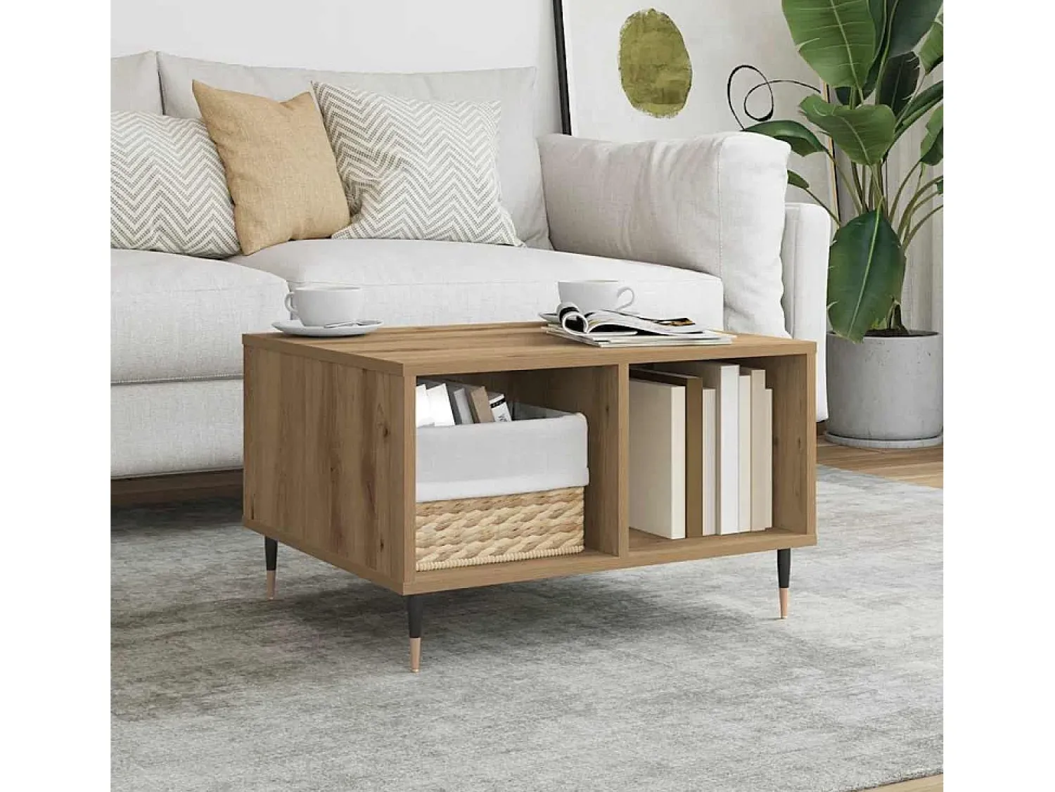 New Mesa de centro | Mesa de apoio 60x50x36.5cm deriv. madeira carvalho artisiano Castanho