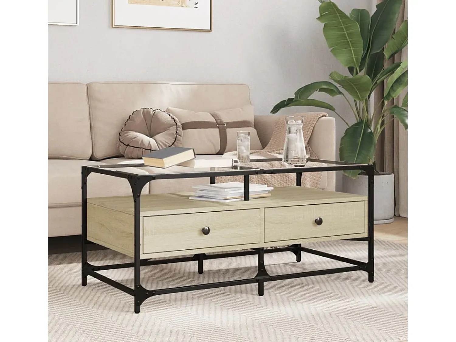Hot Mesa de centro | Mesa de apoio c/topo de vidro 98.5x50x45cm carvalho sonoma aço Castanho
