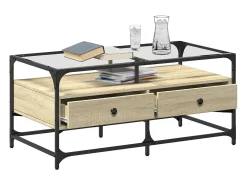 Hot Mesa de centro | Mesa de apoio c/topo de vidro 98.5x50x45cm carvalho sonoma aço Castanho