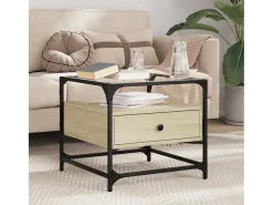 Mesa de centro | Mesa de apoio c/topo de vidro 50x50x45cm carvalho sonoma aço^ Mesa De Centro