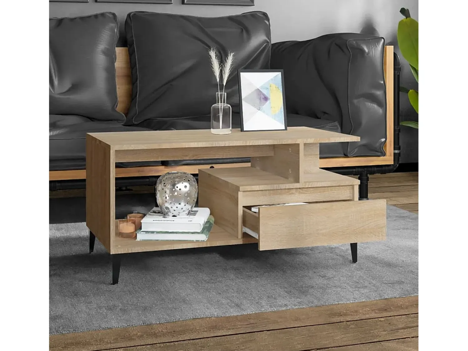 Mesa de centro | Mesa de apoio 90x49x45 cm derivados de madeira carvalho sonoma^ Mesa De Centro