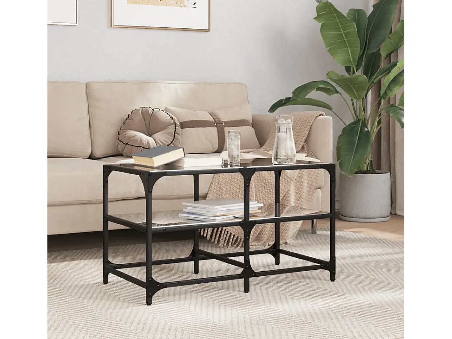 Mesa de centro | Mesa de apoio com topo em vidro 78.5x40x45 cm aço^ Mesa De Centro