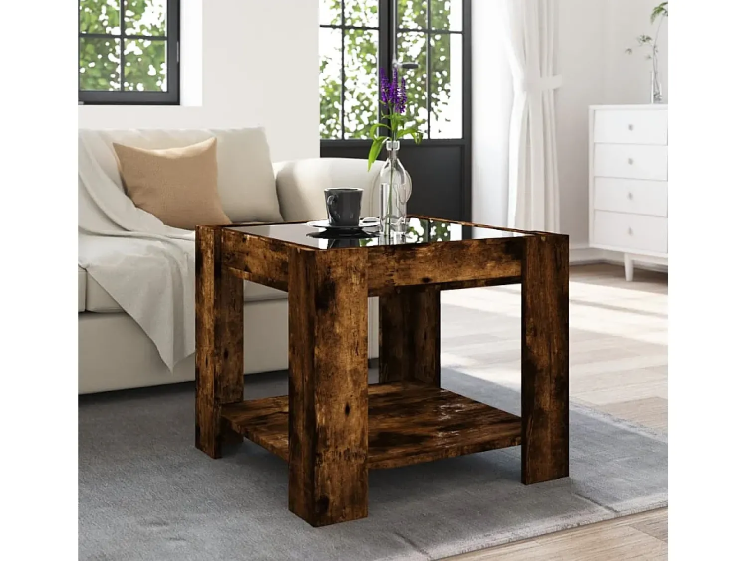 Mesa De Centro| Mesa de centro | Mesa de apoio c/ LEDs 53x53x45 cm derivados de madeira Castanho