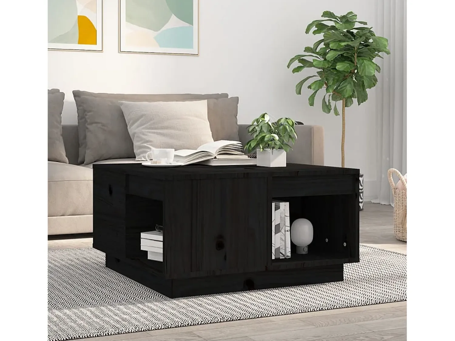 Mesa De Centro* Mesa de centro | Mesa de apoio 60x61x32.5 cm madeira de pinho maciça Preto