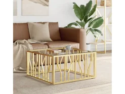 Mesa de centro | Mesa de apoio 80x80x40 cm aço inoxidável e vidro dourado^ Mesa De Centro