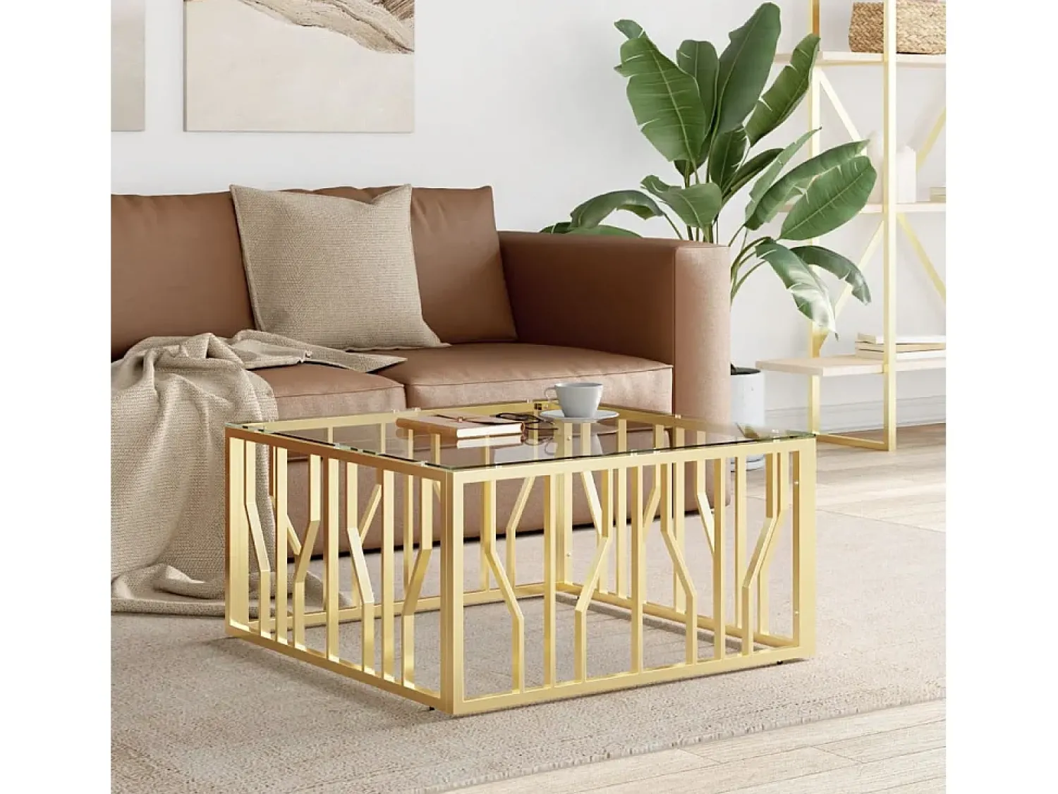 Mesa de centro | Mesa de apoio 80x80x40 cm aço inoxidável e vidro dourado^ Mesa De Centro