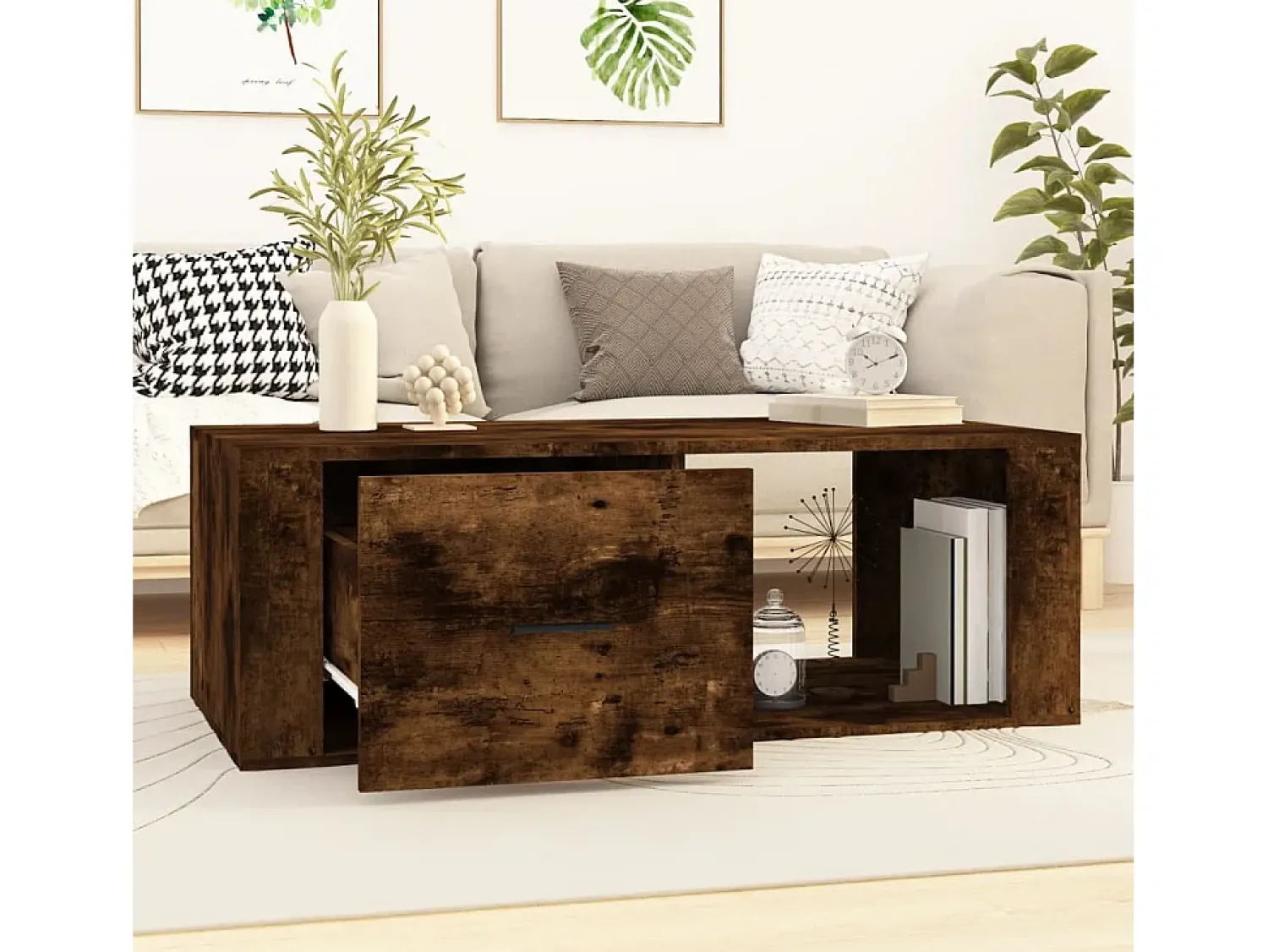 New Mesa de centro | Mesa de apoio 100x50.5x35 cm derivados madeira carvalho fumado Castanho
