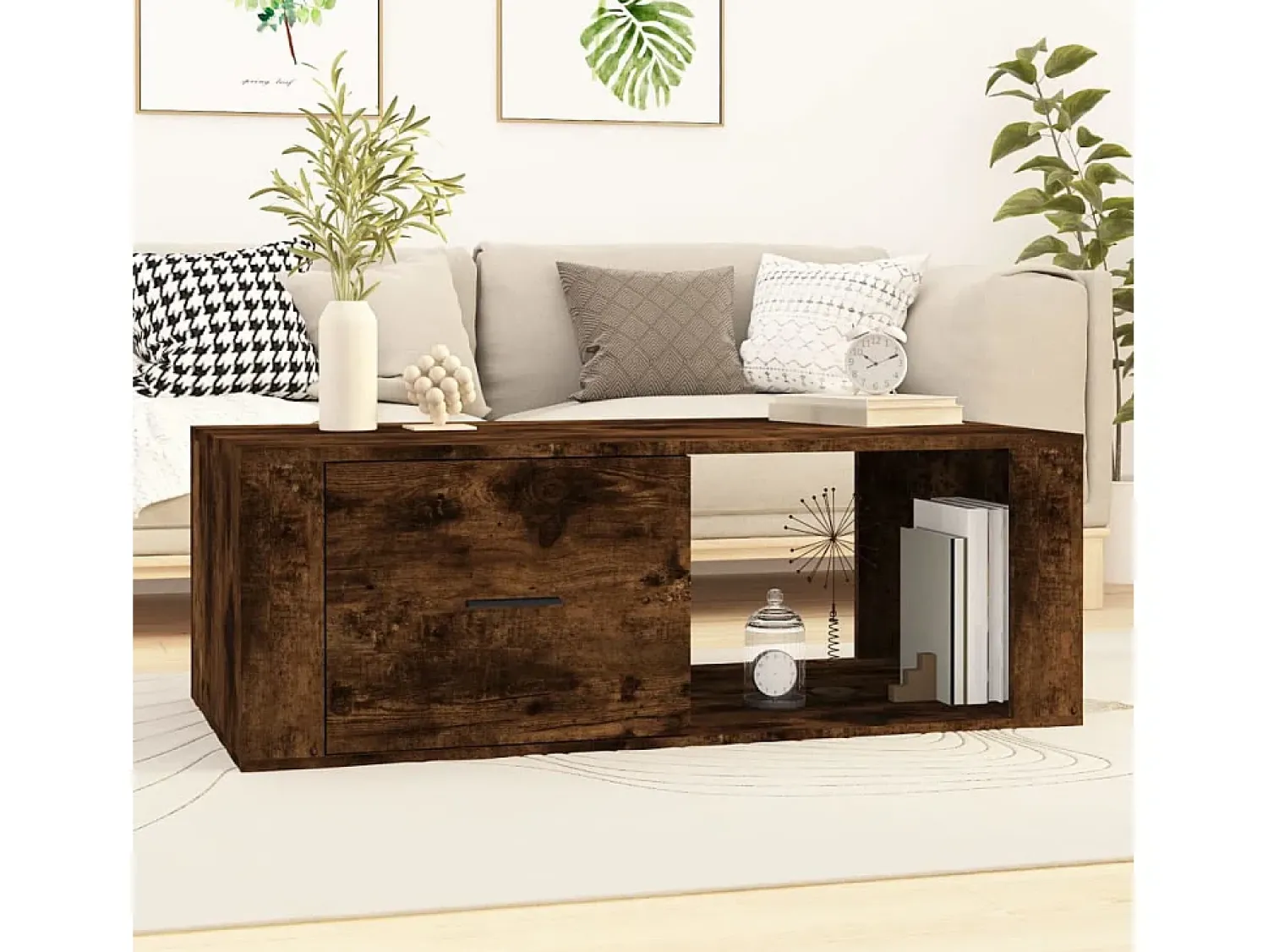 New Mesa de centro | Mesa de apoio 100x50.5x35 cm derivados madeira carvalho fumado Castanho