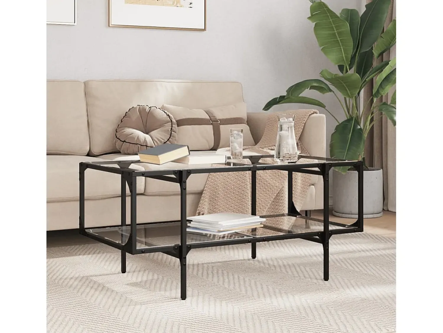 Mesa De Centro| Mesa de centro | Mesa de apoio c/ topo em vidro 98.5x50x45 cm aço Transparente