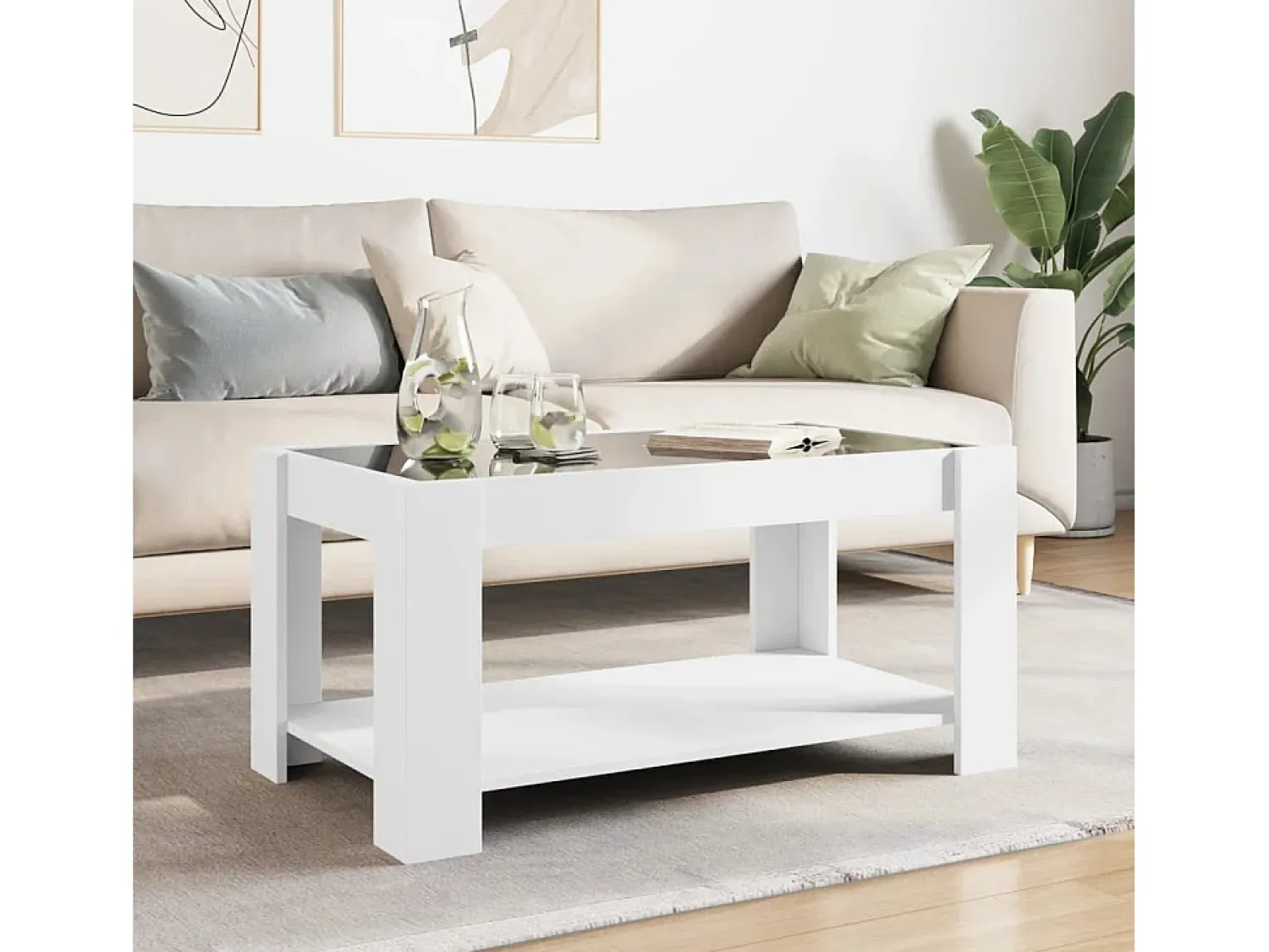 Mesa De Centro* Mesa de centro | Mesa de apoio c/ LEDs 93x53x45 cm derivados de madeira Branco