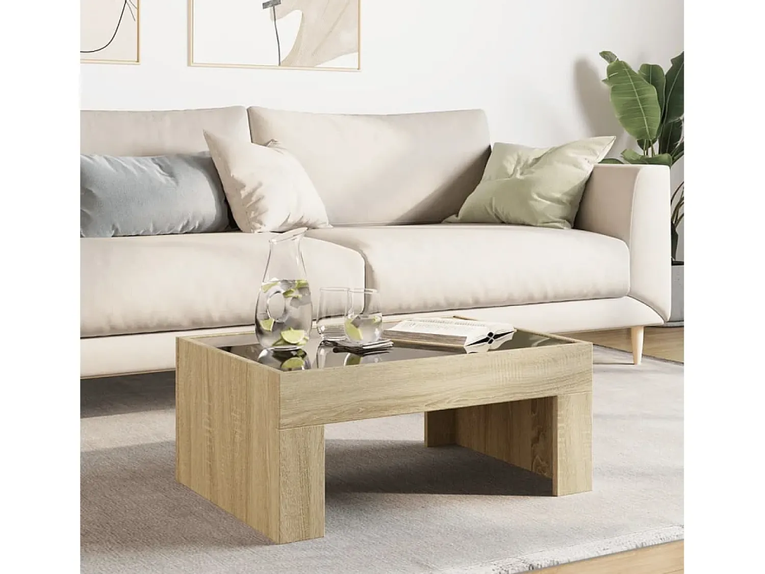 Mesa De Centro| Mesa de centro | Mesa de apoio luzes LED Infinity 70x50x30 cm carvalho sonoma Castanho
