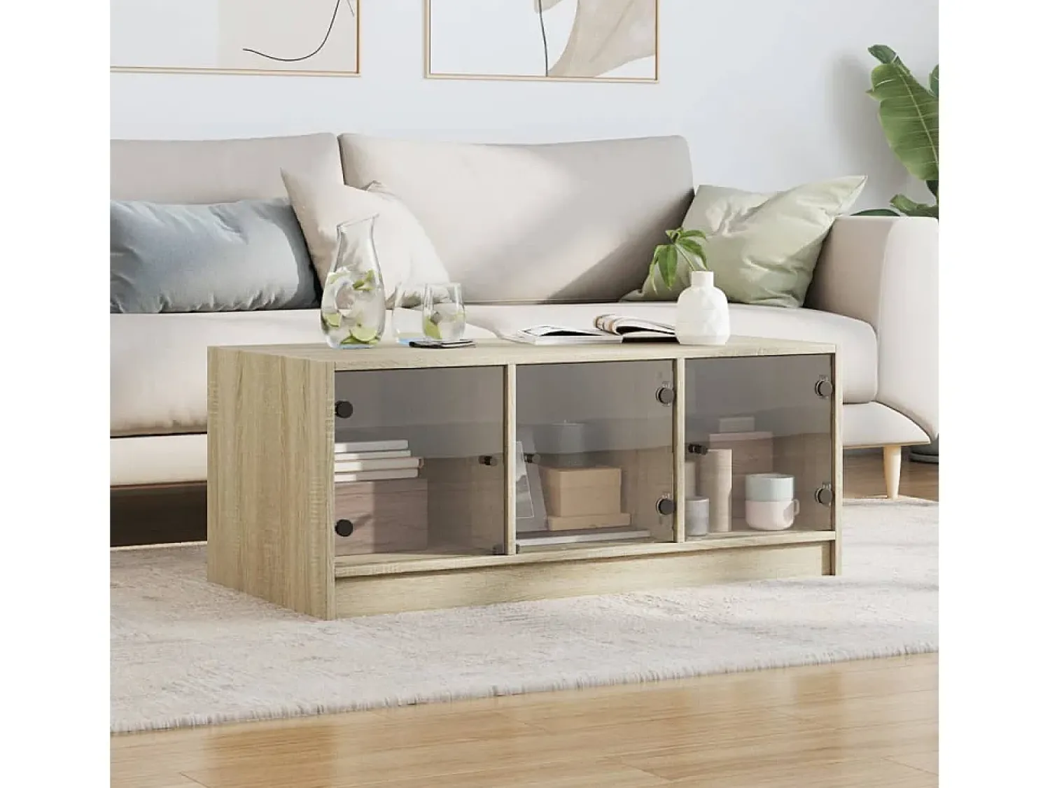 Mesa de centro | Mesa de apoio c/ portas de vidro 102x50x42 cm carvalho sonoma Castanho