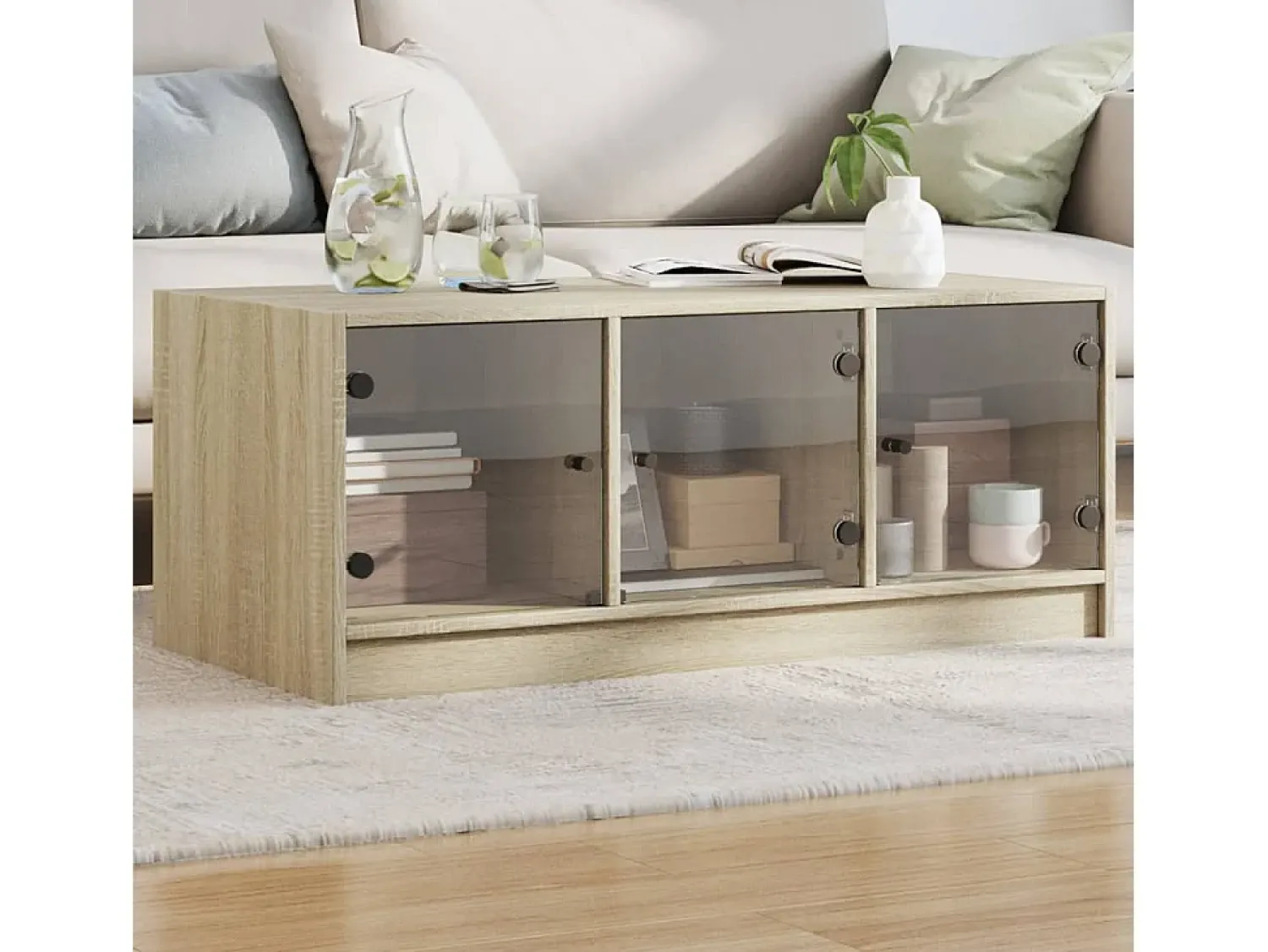 Mesa de centro | Mesa de apoio c/ portas de vidro 102x50x42 cm carvalho sonoma Castanho