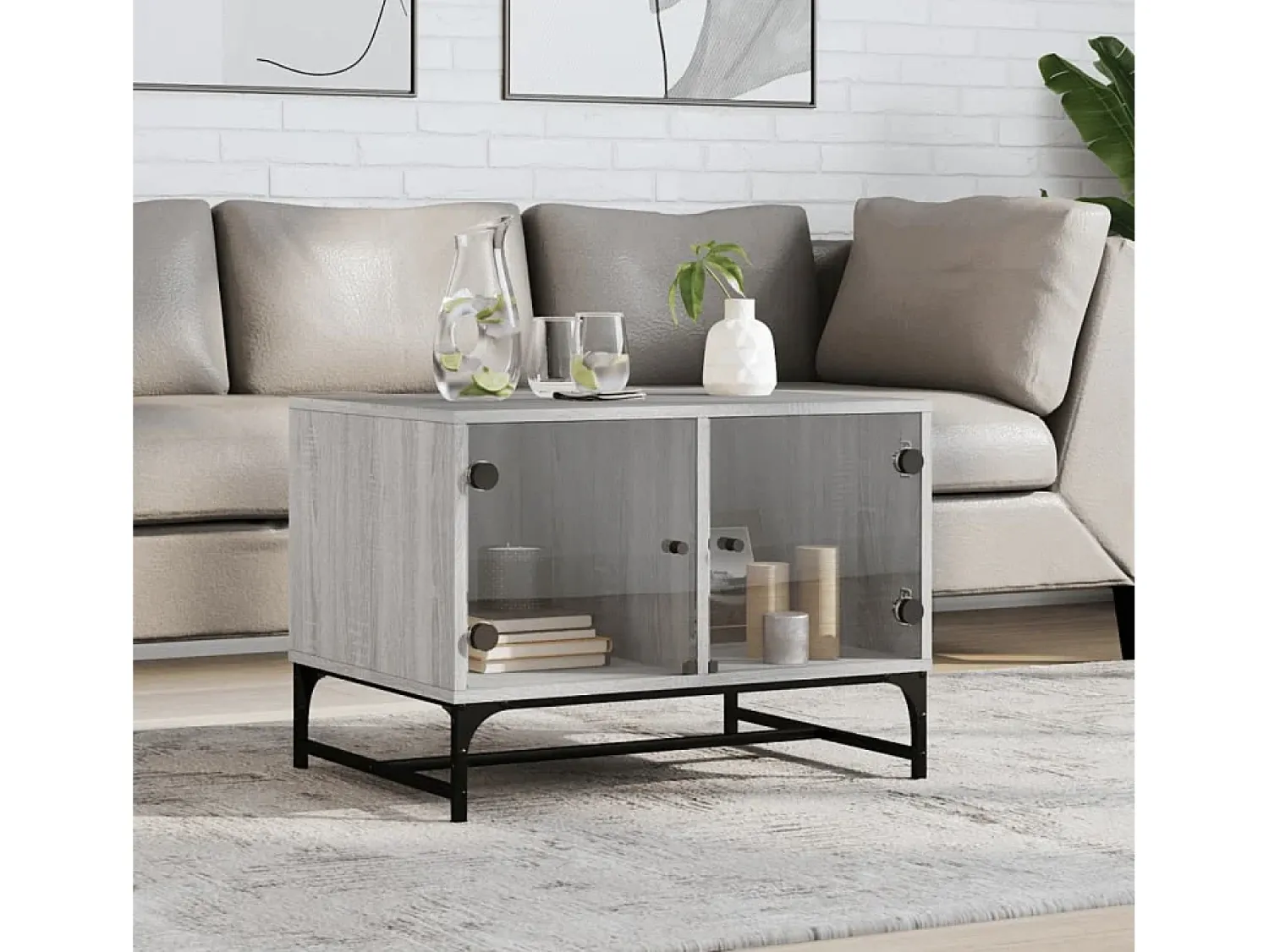 Mesa De Centro* Mesa de centro | Mesa de apoio | Mesa de café c/ portas de vidro 68.5x50x50 cm cinza sonoma Cinzento