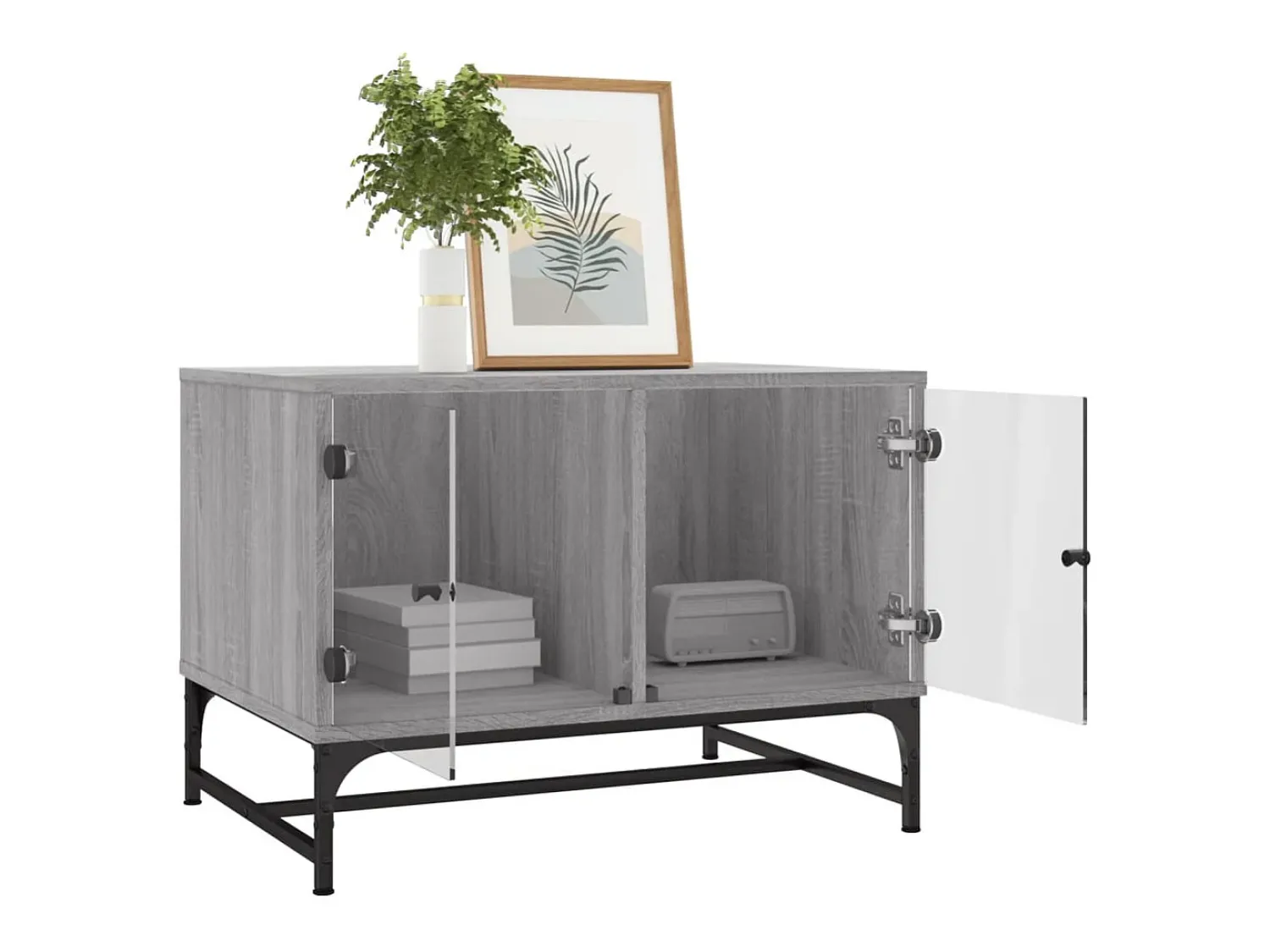 Mesa De Centro* Mesa de centro | Mesa de apoio | Mesa de café c/ portas de vidro 68.5x50x50 cm cinza sonoma Cinzento