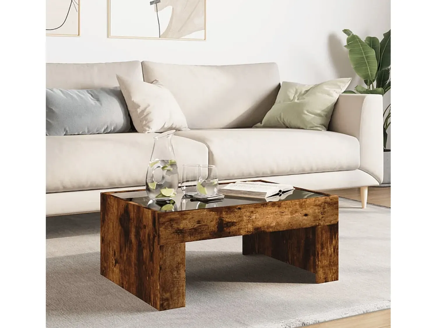 Mesa de centro | Mesa de apoio luzes LED Infinity 70x50x30 cm carvalho fumado^ Mesa De Centro