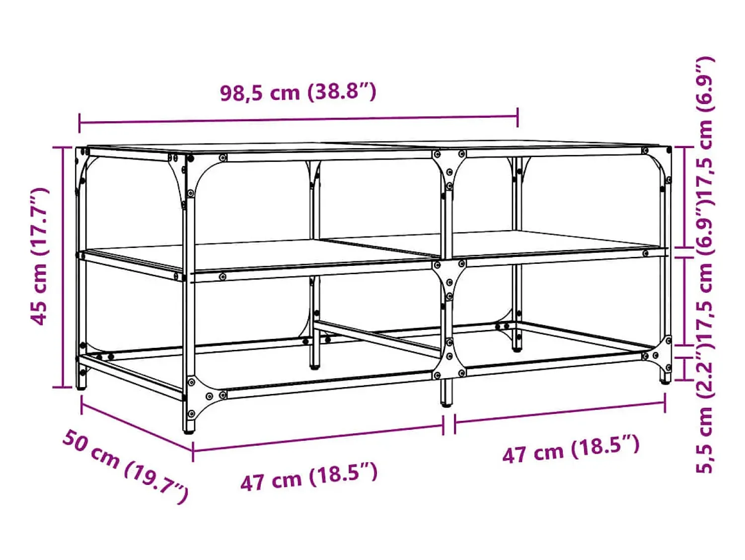 Mesa De Centro* Mesa de centro | Mesa de apoio com topo em vidro 98.5x50x45 cm aço Preto