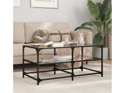 Mesa De Centro* Mesa de centro | Mesa de apoio com topo em vidro 98.5x50x45 cm aço Preto