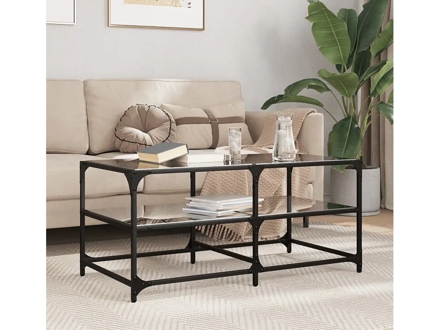 Mesa De Centro* Mesa de centro | Mesa de apoio com topo em vidro 98.5x50x45 cm aço Preto