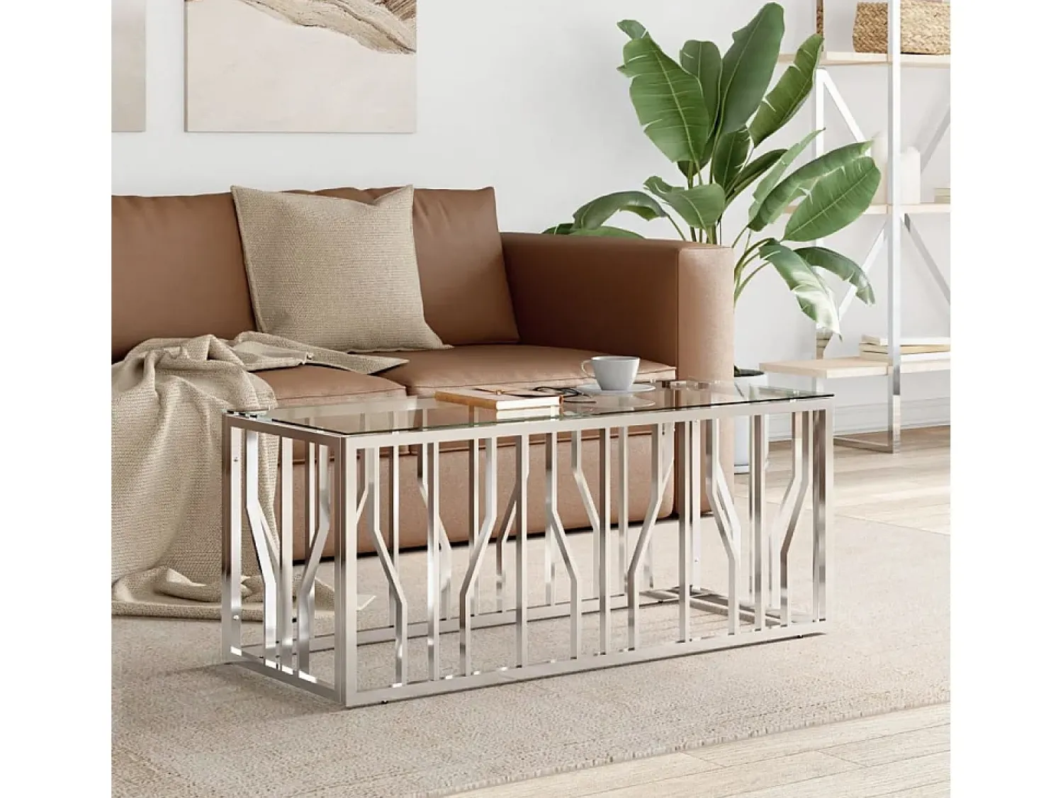 Mesa de centro | Mesa de apoio | Mesa de café 110x45x45 cm aço inoxidável e vidro Prateado