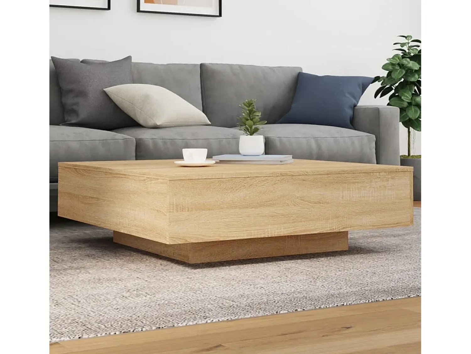 Mesa De Centro| Mesa de centro | Mesa de apoio com luzes LED 100x100x31 cm carvalho sonoma Castanho