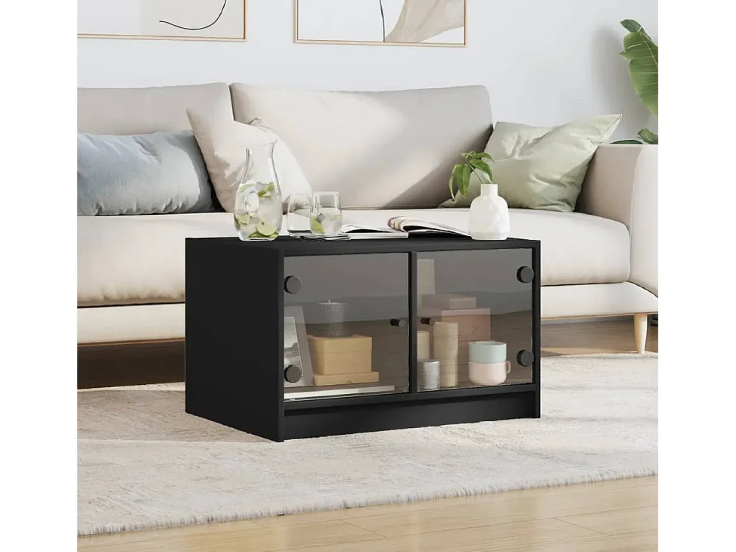 Mesa de centro | Mesa de apoio c/ portas de vidro 68x50x42 cm^ Mesa De Centro