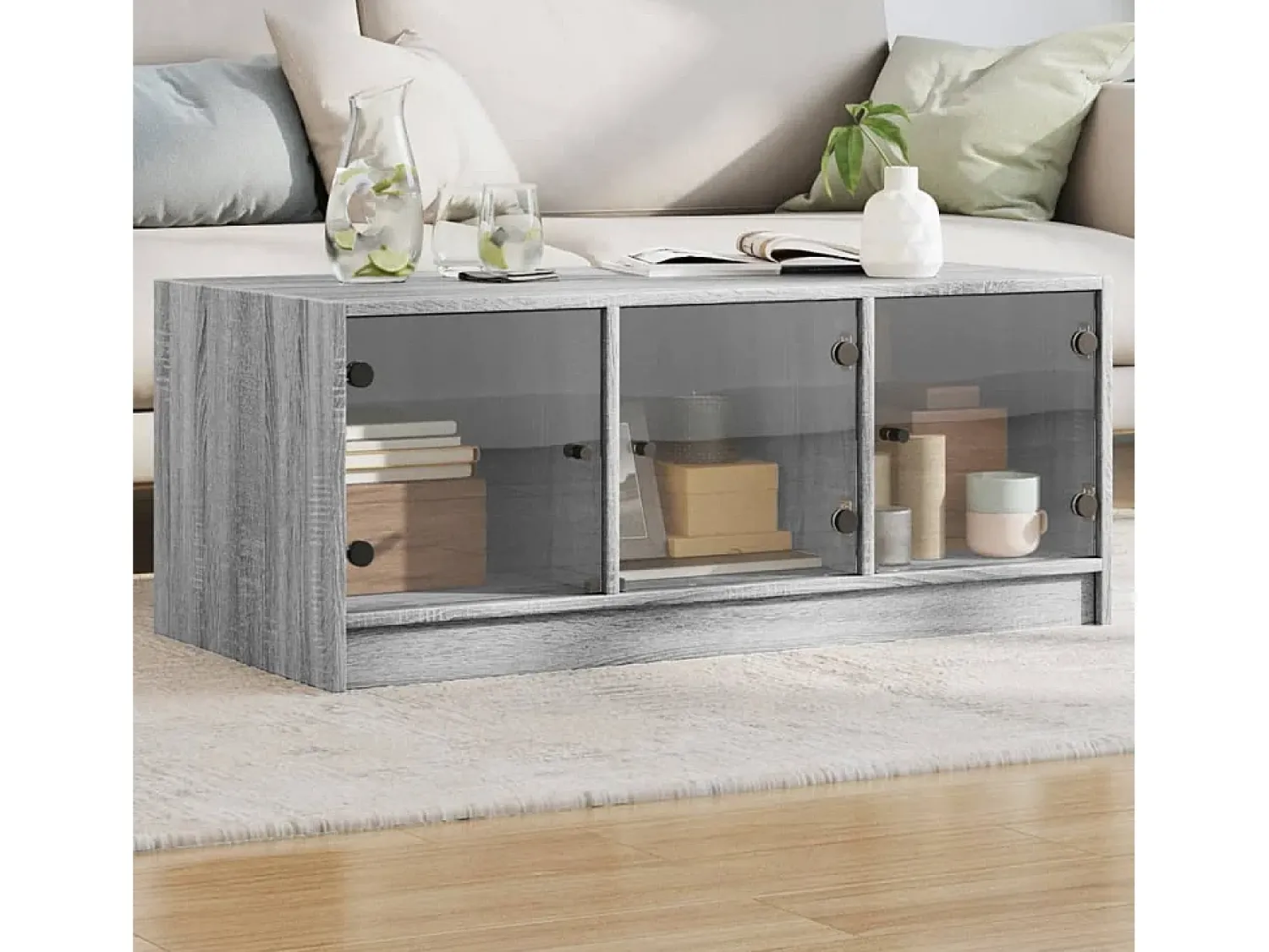 Mesa De Centro| Mesa de centro | Mesa de apoio | Mesa de café c/ portas de vidro 102x50x42 cm cinza sonoma Cinzento