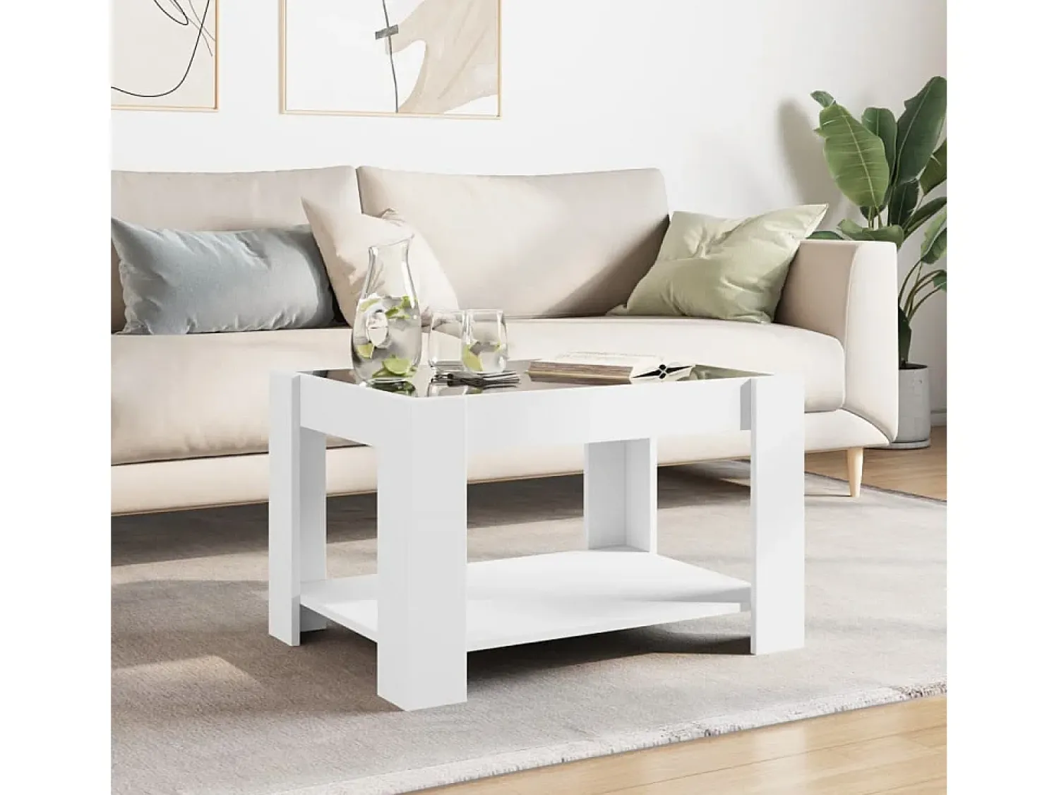 Mesa De Centro* Mesa de centro | Mesa de apoio c/ LEDs 73x53x45 cm derivados de madeira Branco
