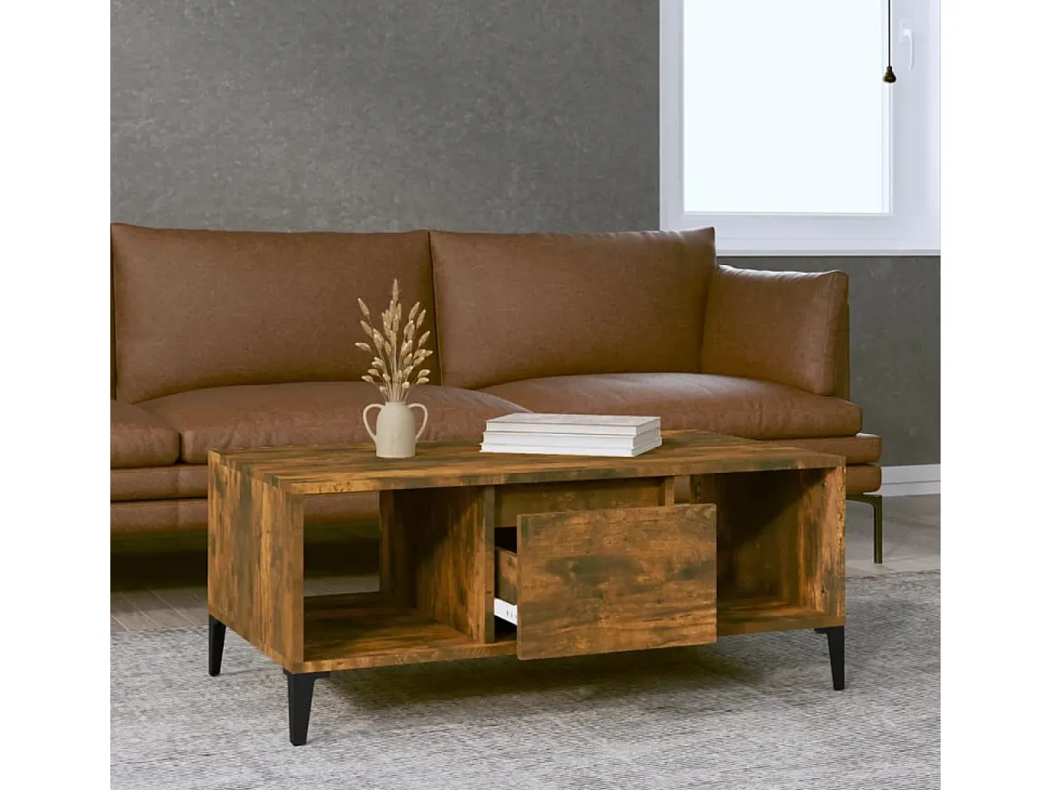 Mesa De Centro| Mesa de centro | Mesa de apoio 90x50x36.5 cm derivados madeira carvalho fumado Castanho