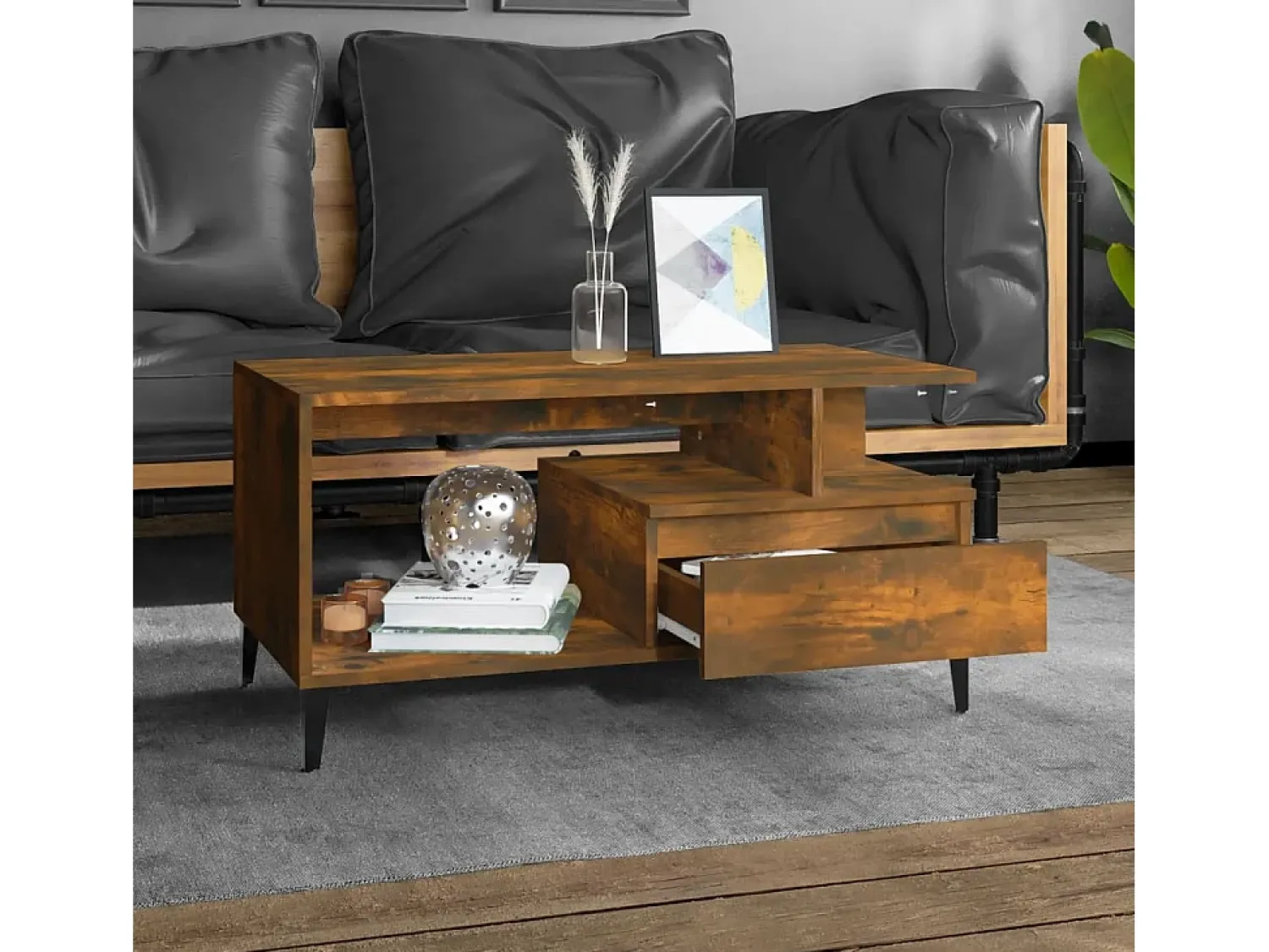 Best Mesa de centro | Mesa de apoio 90x49x45 cm derivados madeira carvalho fumado Castanho