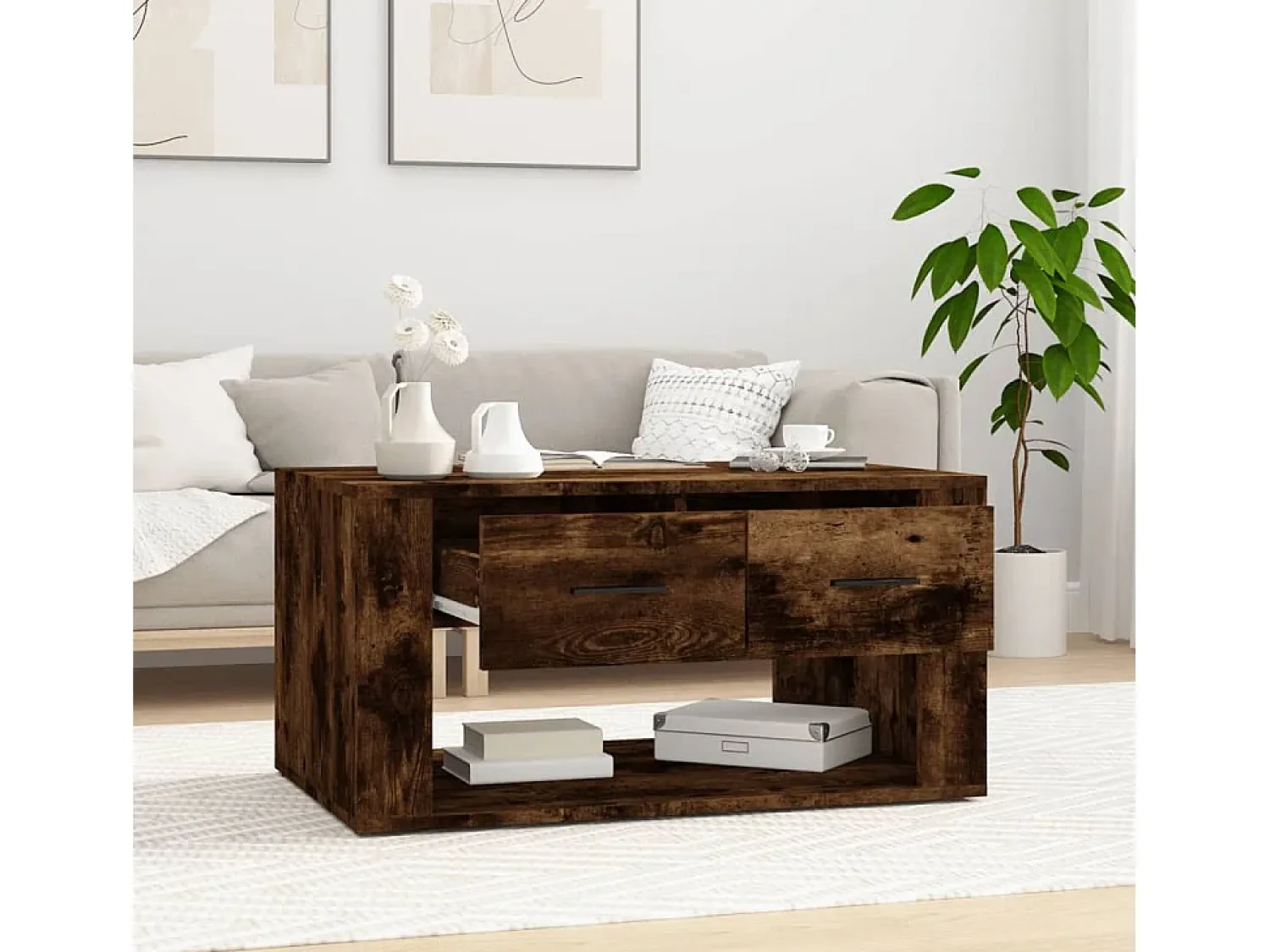 Mesa De Centro* Mesa de centro | Mesa de apoio 80x50x40 cm derivados de madeira carvalho fumado Castanho
