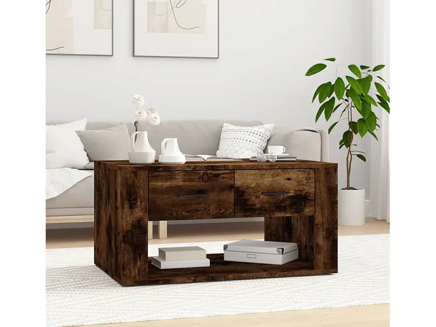 Mesa De Centro* Mesa de centro | Mesa de apoio 80x50x40 cm derivados de madeira carvalho fumado Castanho