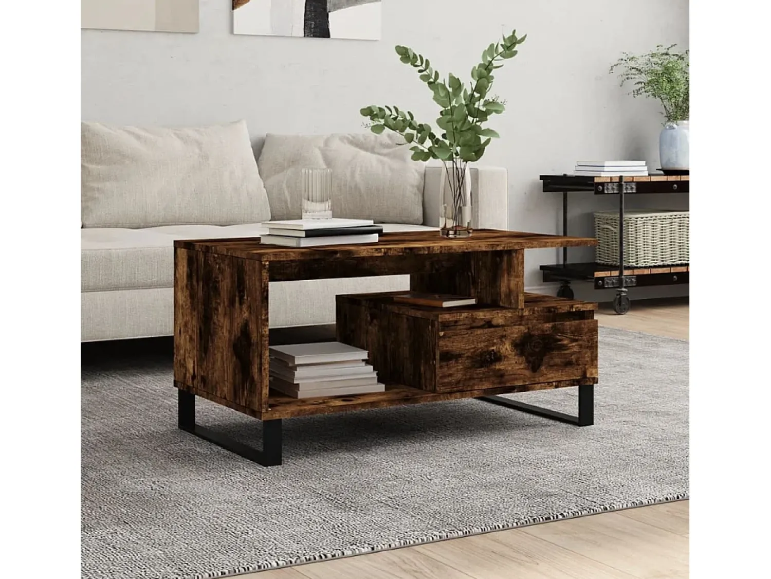 Mesa de centro | Mesa de apoio 90x49x45 cm derivados madeira carvalho fumado Castanho