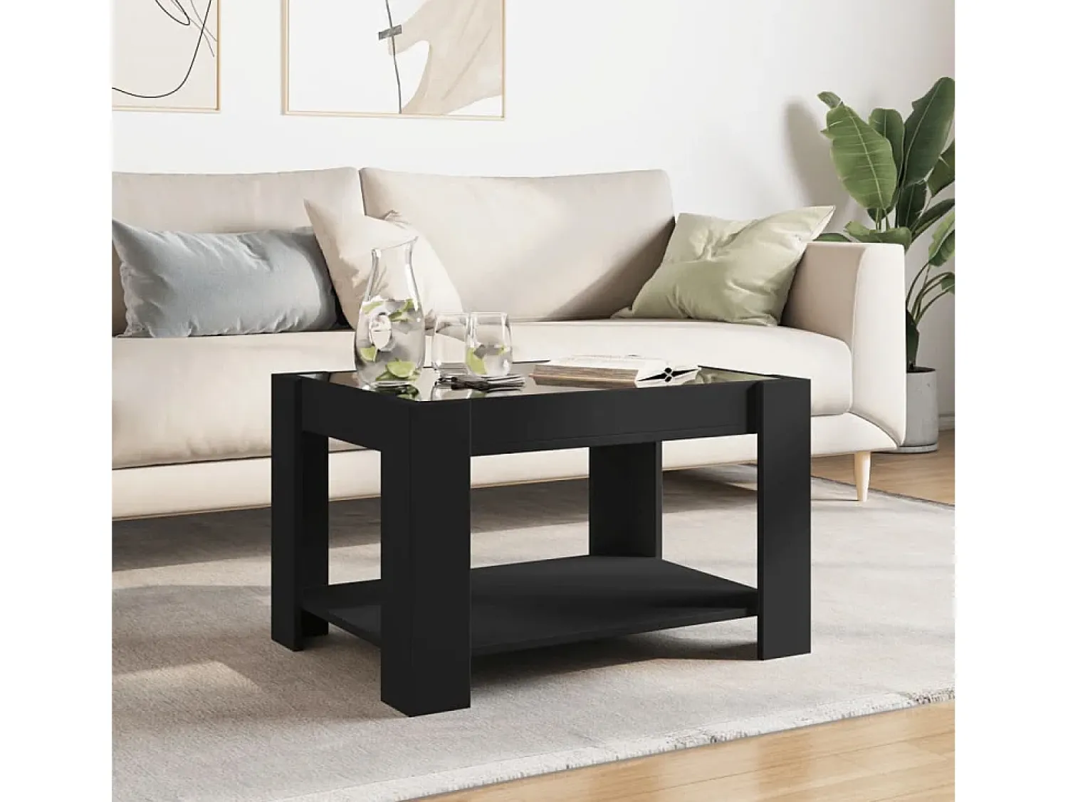 Mesa De Centro* Mesa de centro | Mesa de apoio c/ LEDs 73x53x45 cm derivados de madeira Preto