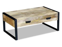 Clearance Mesa de centro | Mesa de apoio | Mesa de café 2 gavetas madeira de manga sólida 100x60x40 cm Castanho