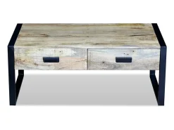 Clearance Mesa de centro | Mesa de apoio | Mesa de café 2 gavetas madeira de manga sólida 100x60x40 cm Castanho