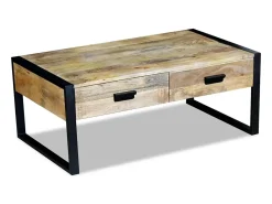 Clearance Mesa de centro | Mesa de apoio | Mesa de café 2 gavetas madeira de manga sólida 100x60x40 cm Castanho