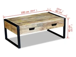Clearance Mesa de centro | Mesa de apoio | Mesa de café 2 gavetas madeira de manga sólida 100x60x40 cm Castanho