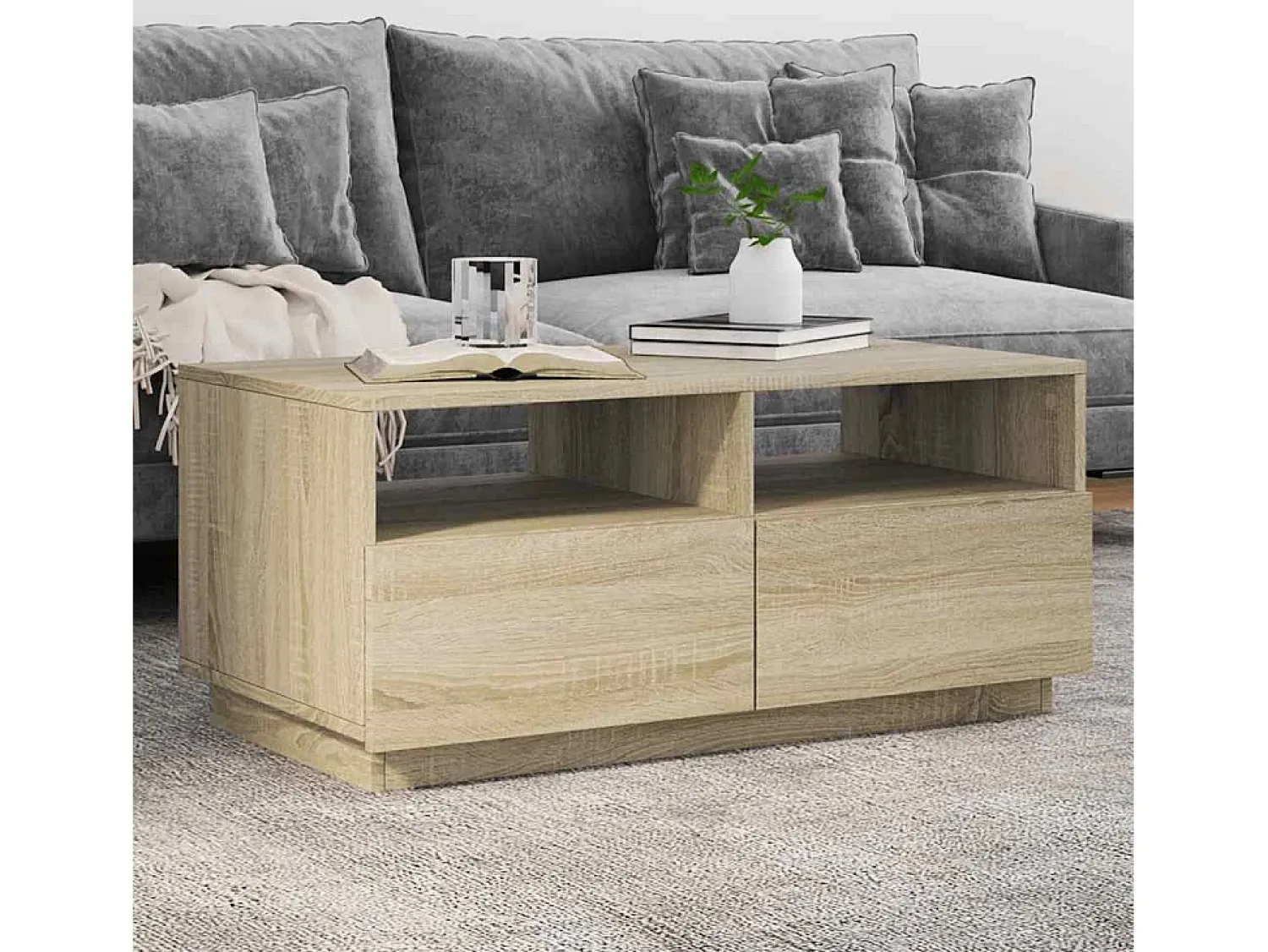 Best Mesa de centro | Mesa de apoio com luzes LED 90x49x40 cm carvalho sonoma Castanho