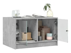 Mesa de centro | Mesa de apoio c/ portas de vidro 68x50x42 cm cinza cimento^ Mesa De Centro