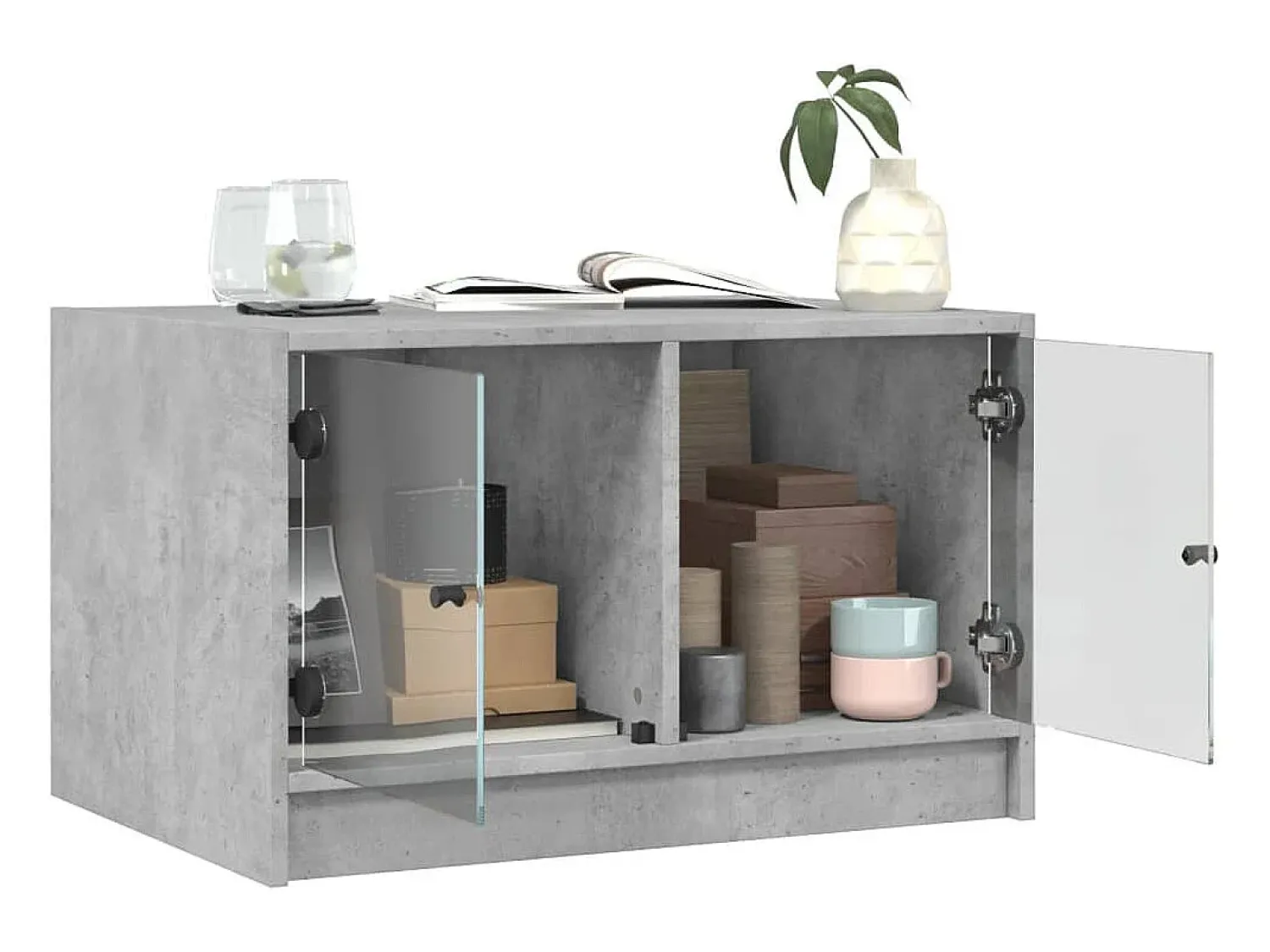 Mesa de centro | Mesa de apoio c/ portas de vidro 68x50x42 cm cinza cimento^ Mesa De Centro