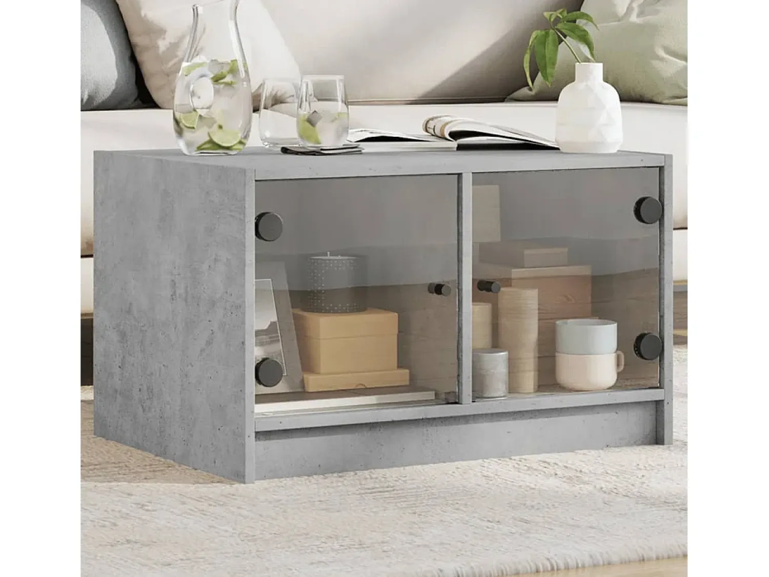Mesa de centro | Mesa de apoio c/ portas de vidro 68x50x42 cm cinza cimento^ Mesa De Centro