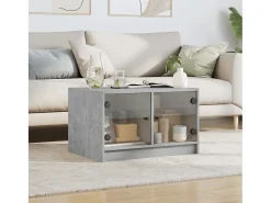 Mesa de centro | Mesa de apoio c/ portas de vidro 68x50x42 cm cinza cimento^ Mesa De Centro
