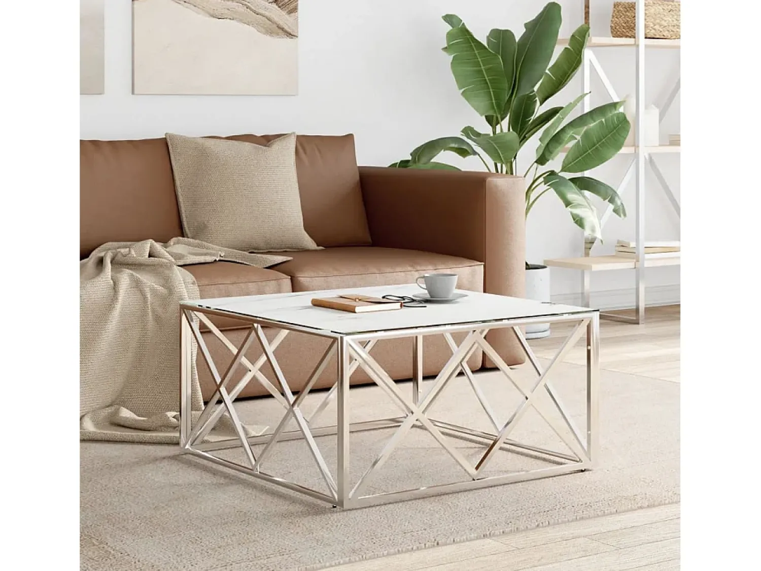 Mesa de centro | Mesa de apoio | Mesa de café 80x80x40 cm aço inoxidável e vidro^ Mesa De Centro