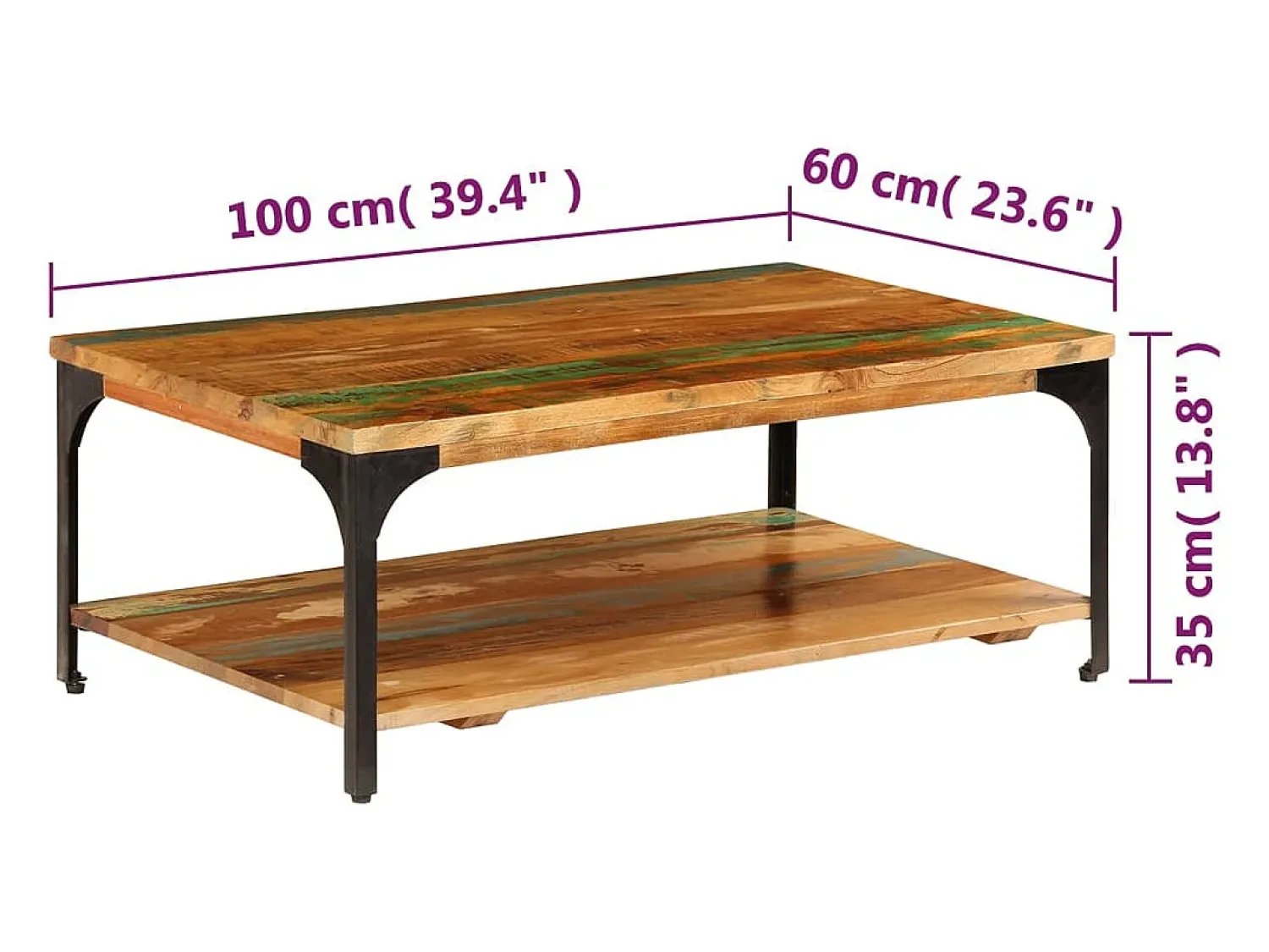Mesa De Centro* Mesa de centro | Mesa de apoio c/ prateleira 100x60x35cm madeira recuperada maciça Castanho
